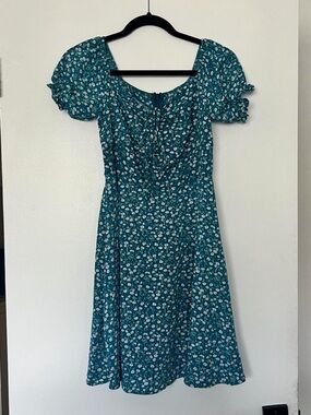 Teal Floral Puff Sleeve Midi Dress